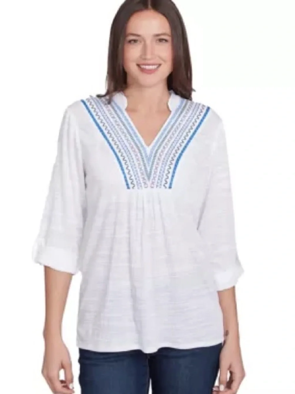 Ruby Rd. White Tunic with Blue Embroidered V-Neck - Picture 1 of 9
